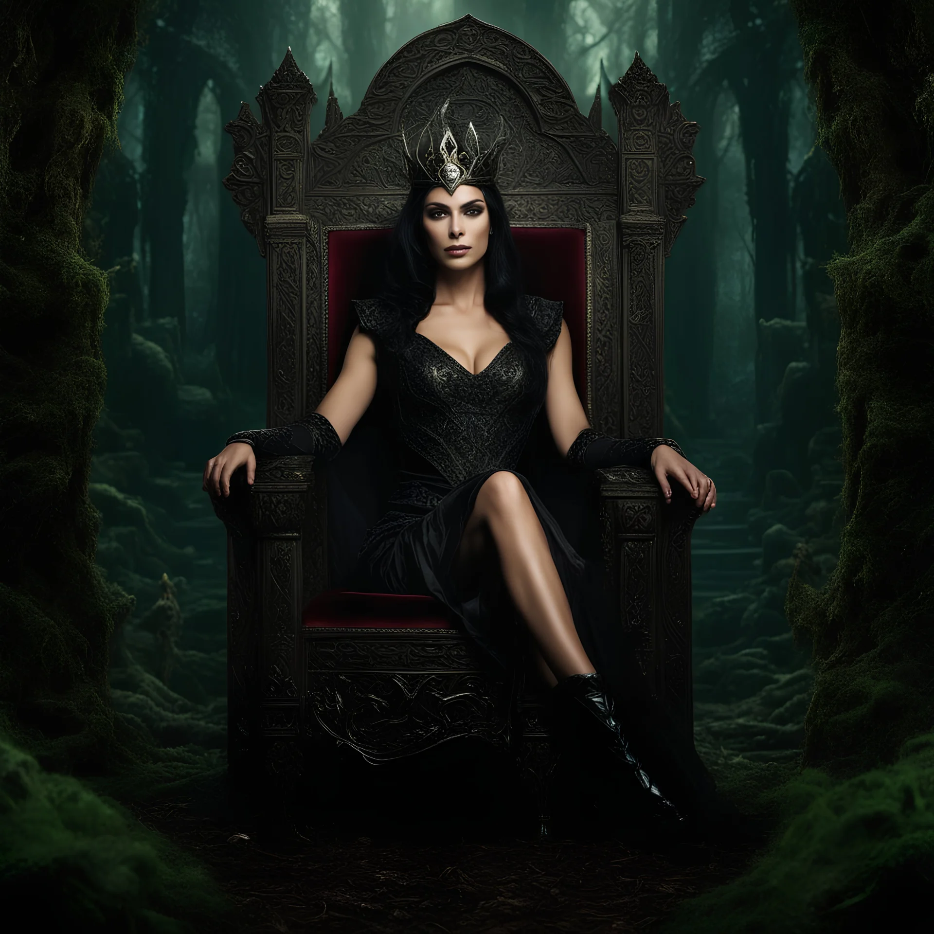 Morena Baccarin as a beautiful sexy dark elf queen seated elegantly on a throne in a mystical forest, dark celtic vignette frame, photo-realistic, cinematic lighting, award-winning photography