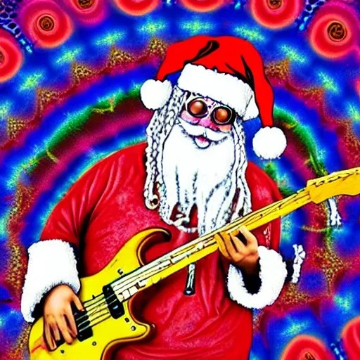 WOODSTOCK, hippie Santa playing electric guitar, psychedelic, peace sign, MUSHROOMS, TRIPPY, ACID, LSD, dreadlocks