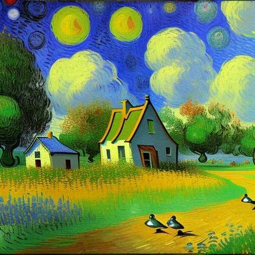 Dibujo al oleo de una pradera con una casa y unos patos con muchas nubes de colores estilo Vincent van Gogh