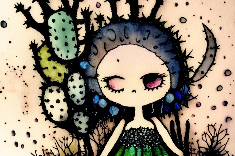 closeup, so much fluff, Cute chibi cacti fairy, painted and burned burlap, moonlight, styles of H. R. Giger, Paul Klee Dee Nickerson and Tim Burton, melting watercolor and black ink outlines on wet paper, soft, shading strokes, in candlelight, ethereal, otherwordly, cinematic postprocessing, bokeh, dof, S<AI