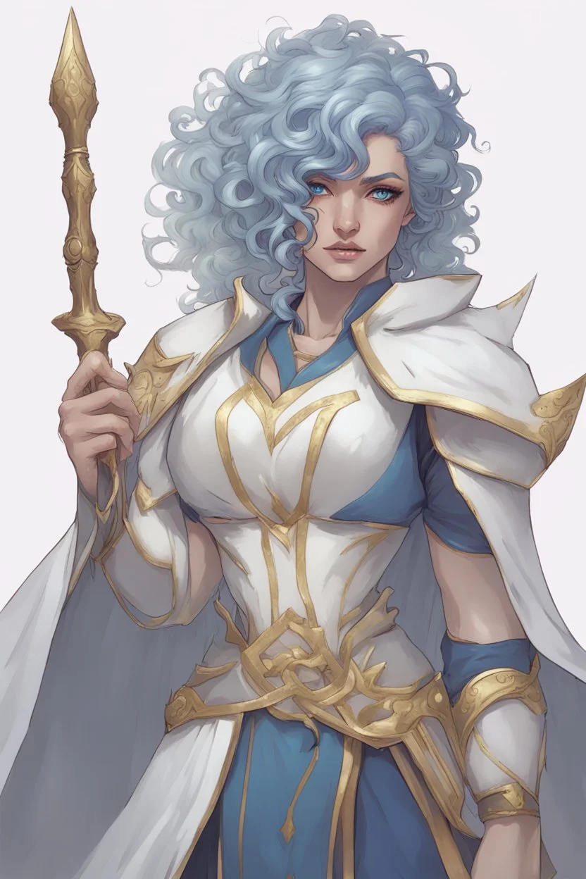 A muscular and strong female half-elf twilight cleric in a silver robe with blue curly hair and golden eyes