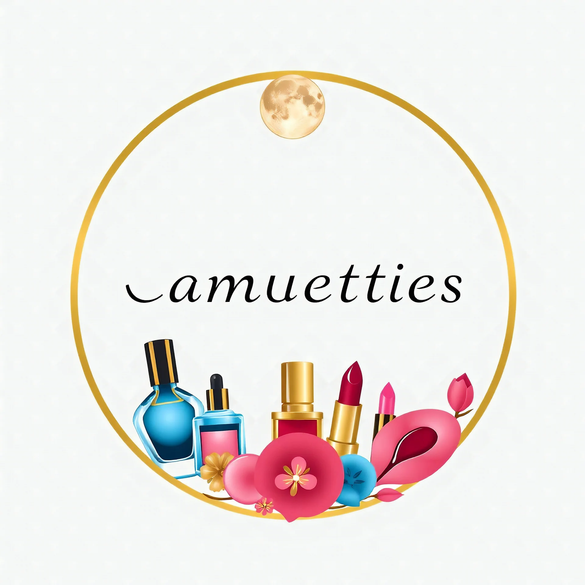 A circular logo for a cosmetics store with a symbol of the moon in the upper part and decorated in the lower part of the circle with nail polish and women's cologne and lipstick and cheek rouge and the use of red, gold, blue and pink colors