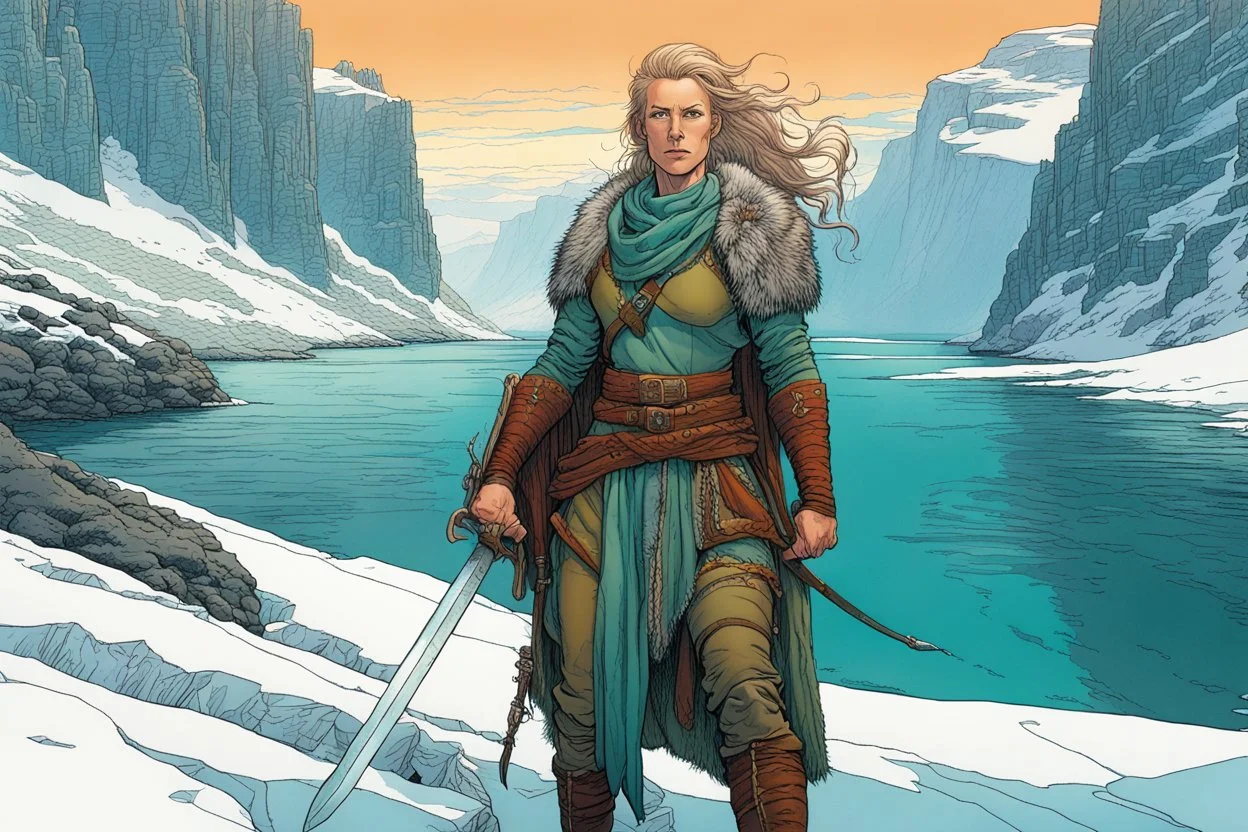 create a full body portrait of a pale female Norse tribal mercenary, sword in hand, with highly detailed, delicate feminine facial features, inhabiting an ethereal Northern winter fjord land of pristine blue waters, in the comic book style of Jean Giraud Moebius, David Hoskins, and Enki Bilal, precisely drawn, boldly inked, with vibrant colors