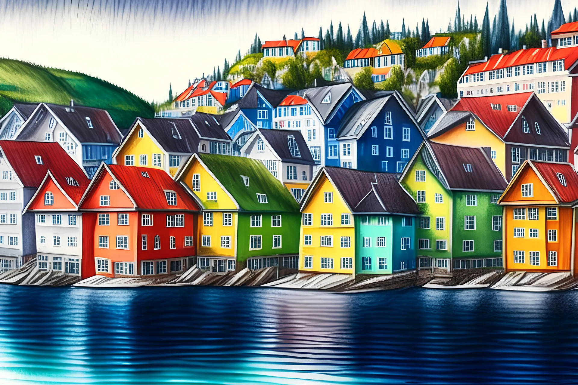 Colored pencil drawing, Very detailed, Drawing of the colorfull houses in the city Bergen in Norway. Colorfull, professional, detailed, pencil strokes, calm composition, zoom out., houses in a row. water on foreground, mountains on the background.