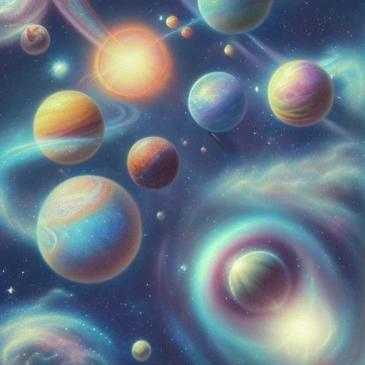 galaxy, nirvana, fantasy world,gas planets,with clouds,a couple of planets that are in the sky, abstract 3 d artwork, ufotable art style, dreamy and detailed,the planets are formed from clouds,the sky has stars, the planets are colored with red black purple violet,like a aurora borealis,no sun in picture