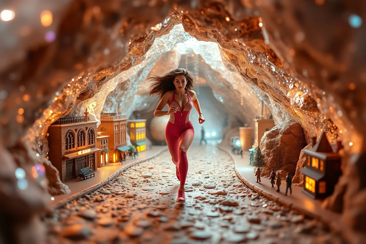 make a video pretty crystal cave covered with jewells and CIFI jewell lights and miniature city buildings and miniature people and streets, a beautiful fashion model lady with cute,curvy hair,makeup, in pretty sports suit is running inside cave ,dynamic camera fallow her inside cave capturing full body, dynamic lights.