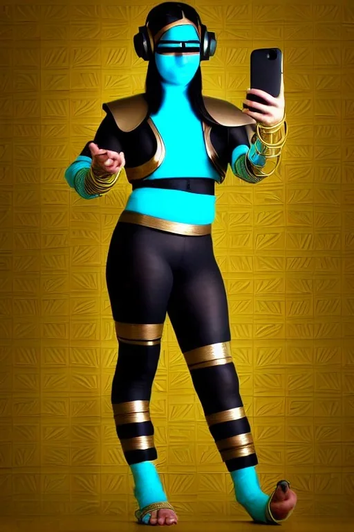 Realistic photograph. Geometric 3D tiling on the background, Egyptian woman, Whip. Bronze color, Yellow, Black Cyan. Cyber-punk full-mask. Big old AKG headphones, golden rings & disc. Selfie both hands. Asian, lightly armored, electronic circuits. Thick tights, thick calves, bend fell, wide hip, flat belly. Ancient artifact attached. Perfect body. Matrix movie clothes, Silver leather area, tippet, latex. Wicked sneakers. Daft Punk, Tron Movie. Haute Couture. 1990's. Ancient telephon