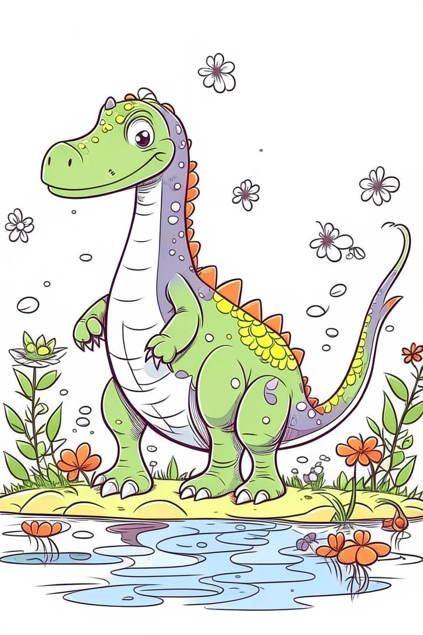 cute dinosaur colored with basic colors, full body, defined lines, no shadows, white background, clear and well, this dinosaur is eating flowers on the lake shore. This generation should be colored only with the colors black, red, green, yellow, light blue, blue and orange