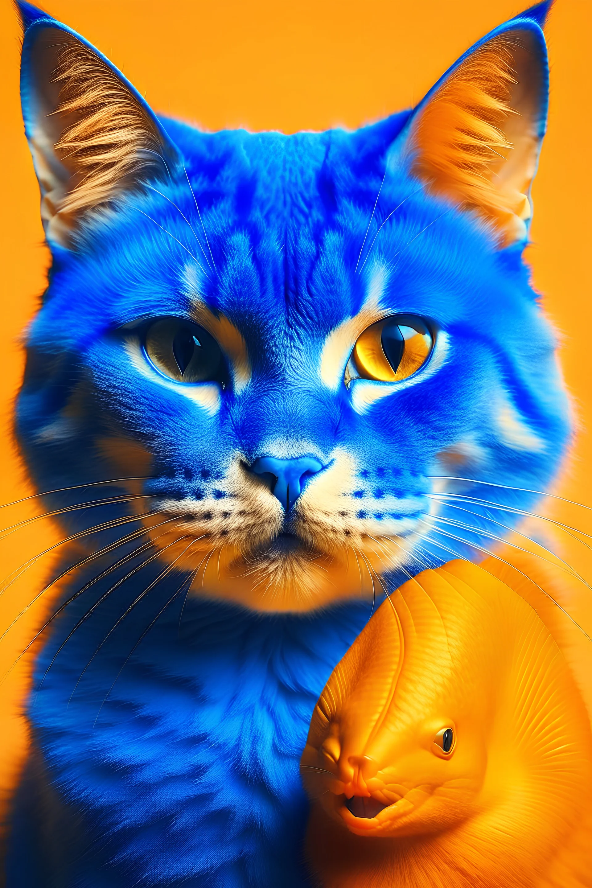 photoreal of a cat blue and fish orange friends