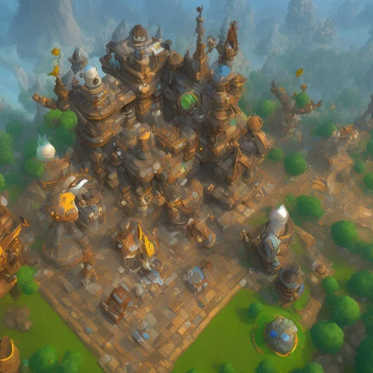 q-version mmo architecture concept in dofus，vertical view