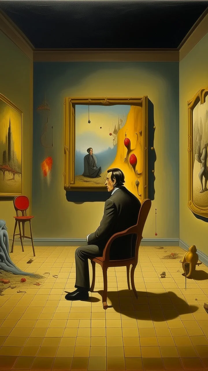 Bosch paint style nightmare, a rear view of a man sitting on a chair facing a picture of Salvador Dali on the wall ,