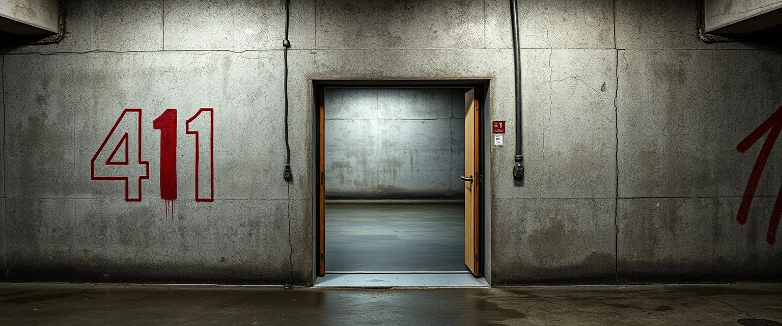 background of wall(wet textured concrete, gray, old, cracked, stained) from underground parking, hong kong style, a large number 41 painted on left(old paint), at middle is an open door frame to a asian rave club