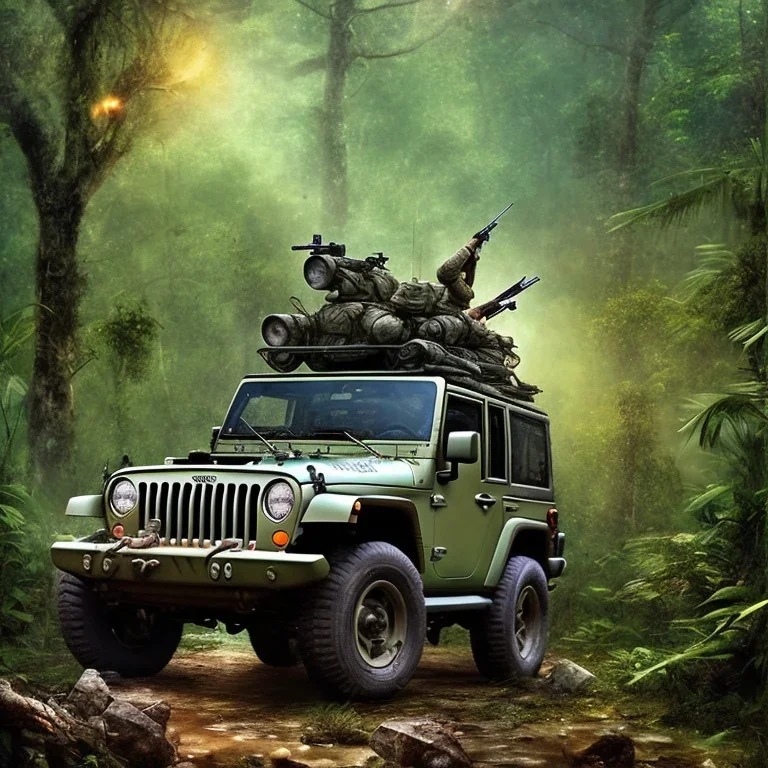 vietnam war. war report. jeep in jungle. poster. bokeh. lens flare. warm lights. high detailed