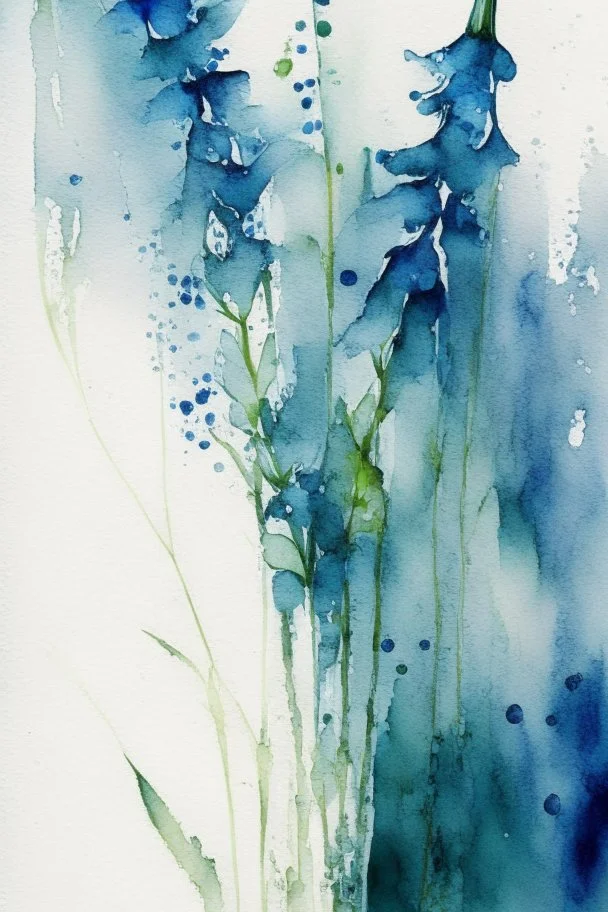 Abstract wet watercolour, blue green stalks delphiniums, no crop
