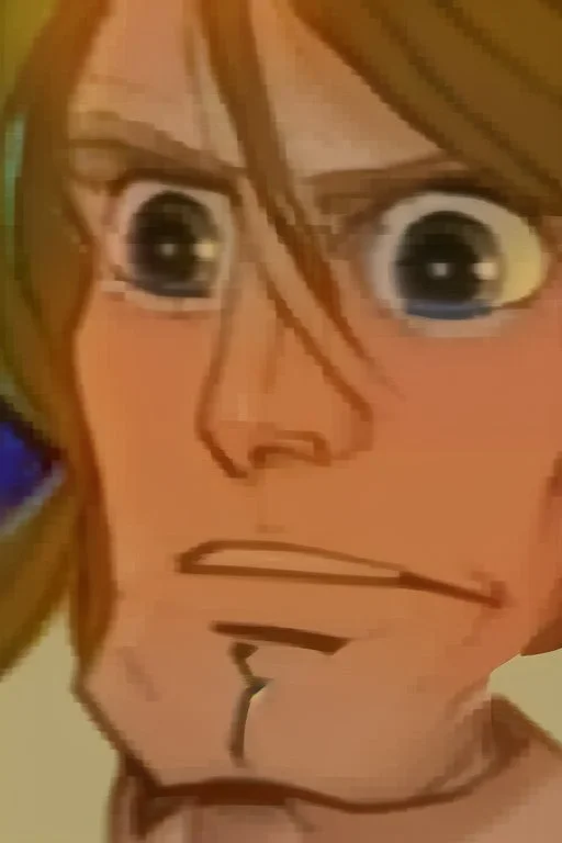 Redraw the cartoon character and fix the image resolution His hair is brown and long, but messy. His lips are closed, showing his bravery. His eyes are lined, showing his determination. He has shadows under his eyes, showing his stress and convert the drawing view 3D panel style digital Painting detailed with a panoramic scene Ultra-wide angle Highly realistic precise details Detailed