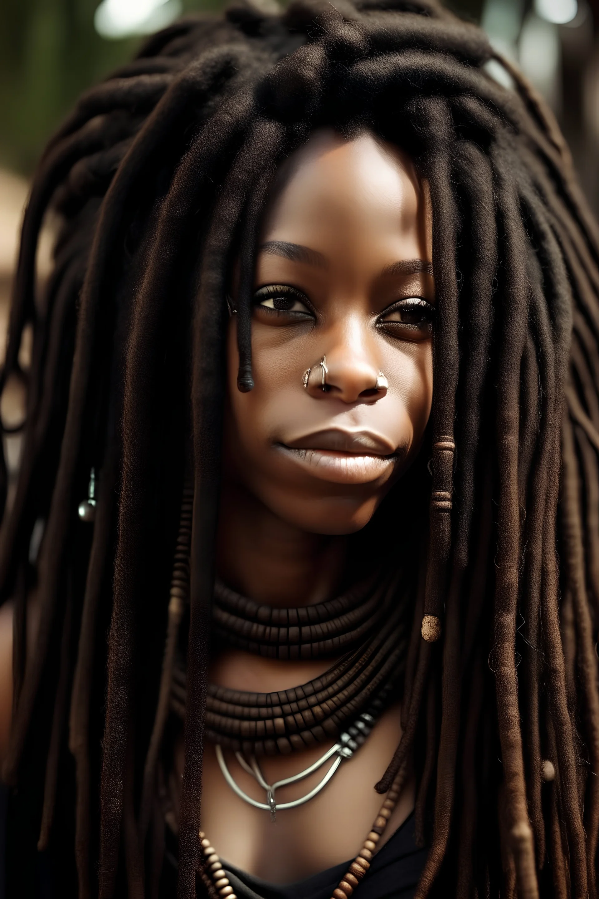 black woman long dreadlocks dark brown eyes full lips nose ring