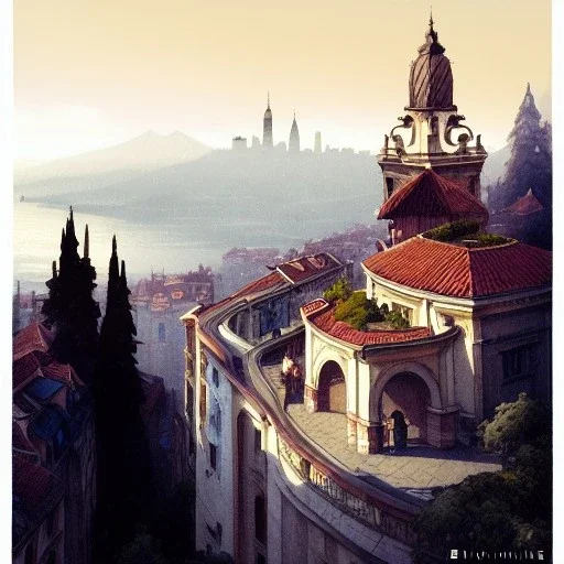 Skyline+city on inslands+Trainstation on cliff+Beaux Arts architecture,+palladio+detailed facades+uphill road+trees+ biopunk+Bueno Aires+turin+trieste+Book illustration by Gediminas Pranckevičius, Jean Baptiste Monge, Brian Kesinger, Anton fadeev, Kilian Eng, strong lines, high contrast vibrant colors, highly detailed, 16k resolution, trending on behance