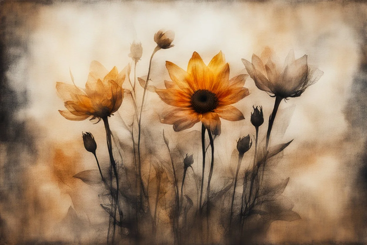 double exposure, merged layers, painted and burned burlap, beautiful collection of flowers, melting watercolor and black ink outlines on wet paper, soft, shading strokes, in sunshine, ethereal, otherwordly, cinematic postprocessing, bokeh, dof