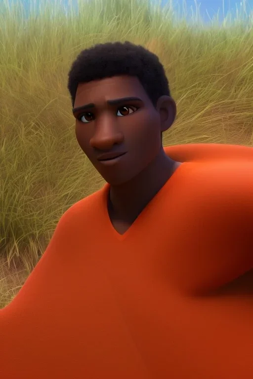 3D render of a cyberpunk tribal teen black man, black hair, on a bright orange dune background, digital art