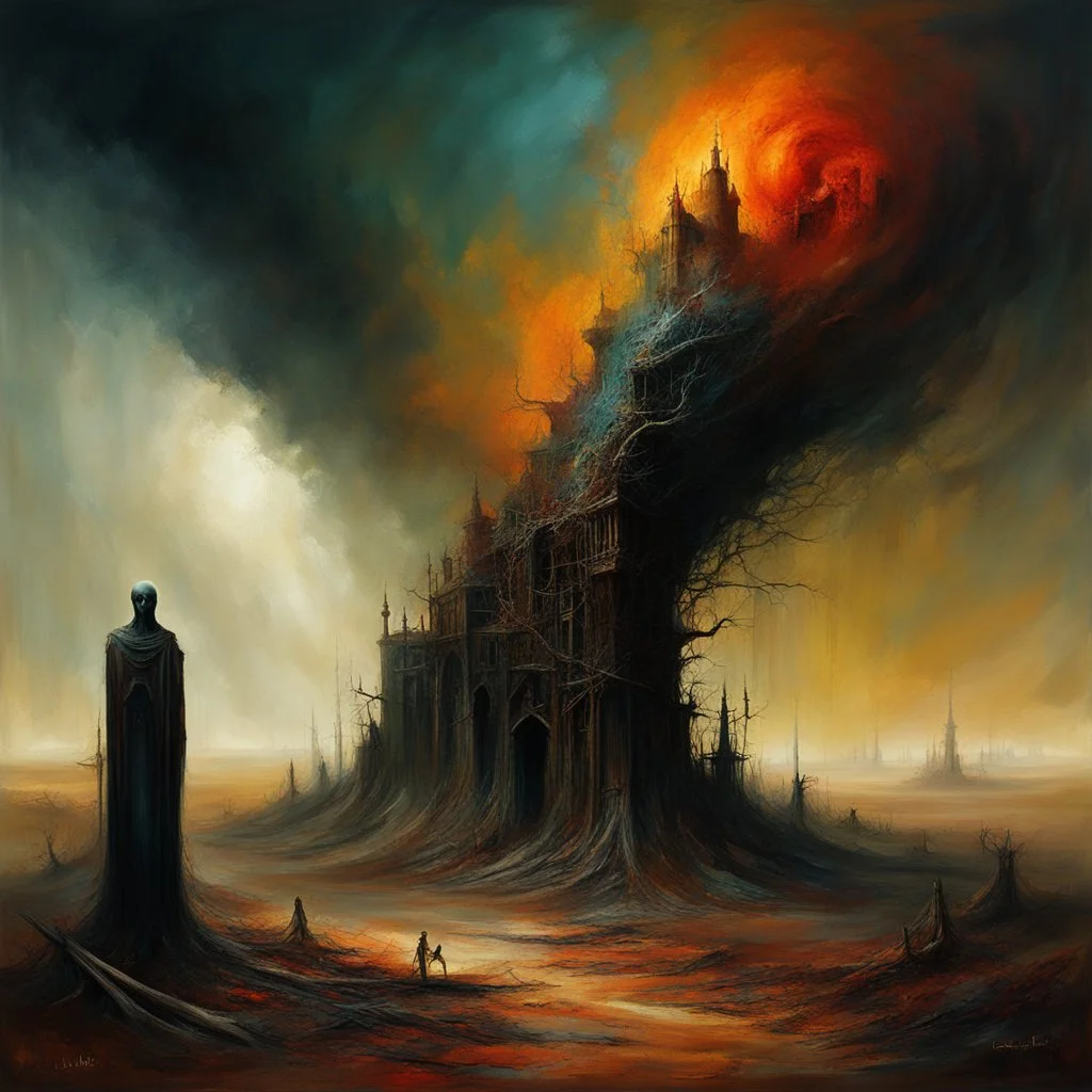 Macabre Rapture End of days Revelation scene, loose brush stroke matte oil painting, sinner apotheosis, By John Lovett and Zdzislaw Beksinski and Phlegm, diagonal composition, unbalanced, abstract surreal horror, eerie, scary warm colors, Eldritch, by Colin McCahon