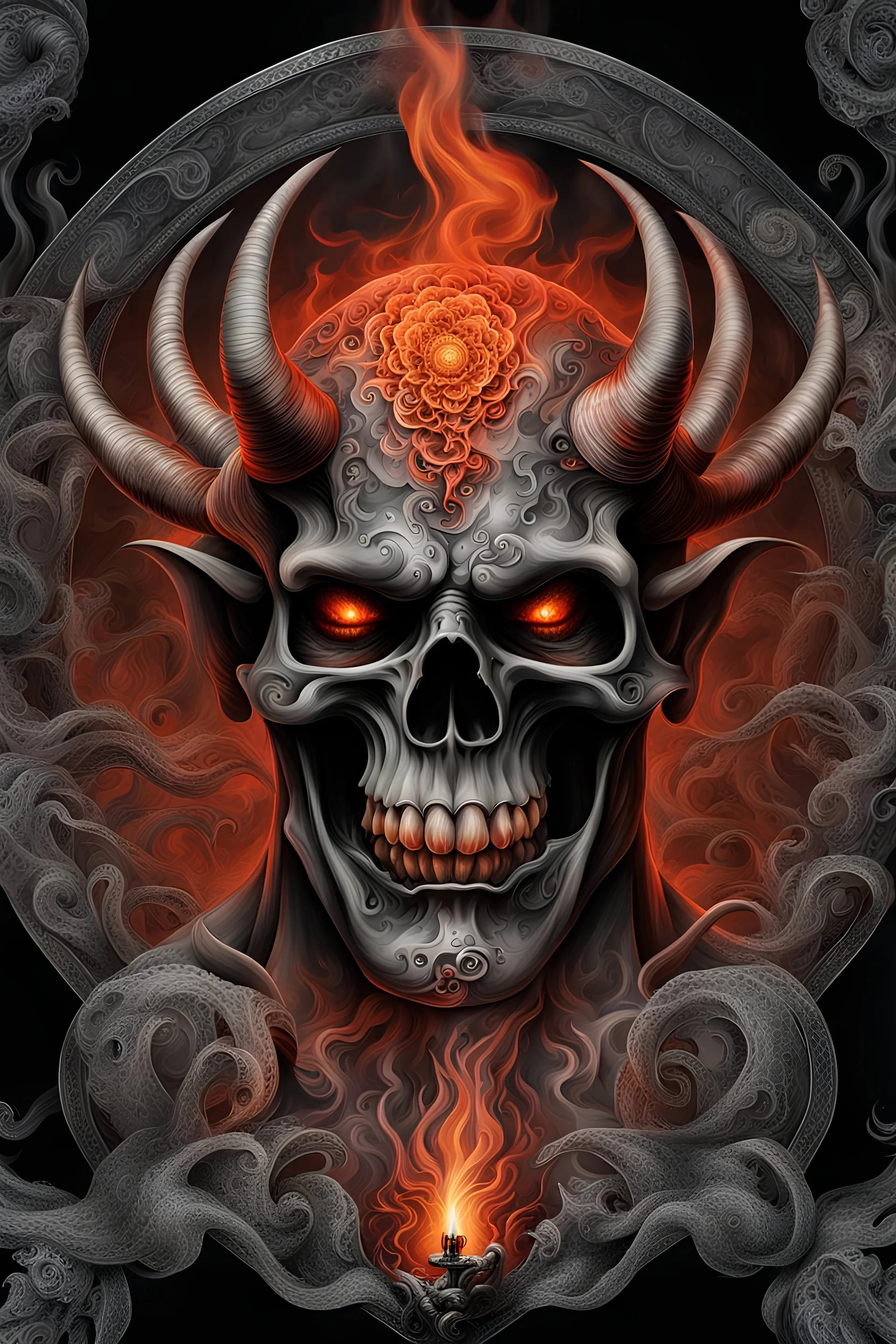 smoking attraktive demon with tattoo in hell, dark magic, light red black and white dark grey , dark steel dark red, orange, grey light orange, dark evening, digital art, dark shadows, smoke, fire, professional photo, photorealistic, highly detailed, masterpiece