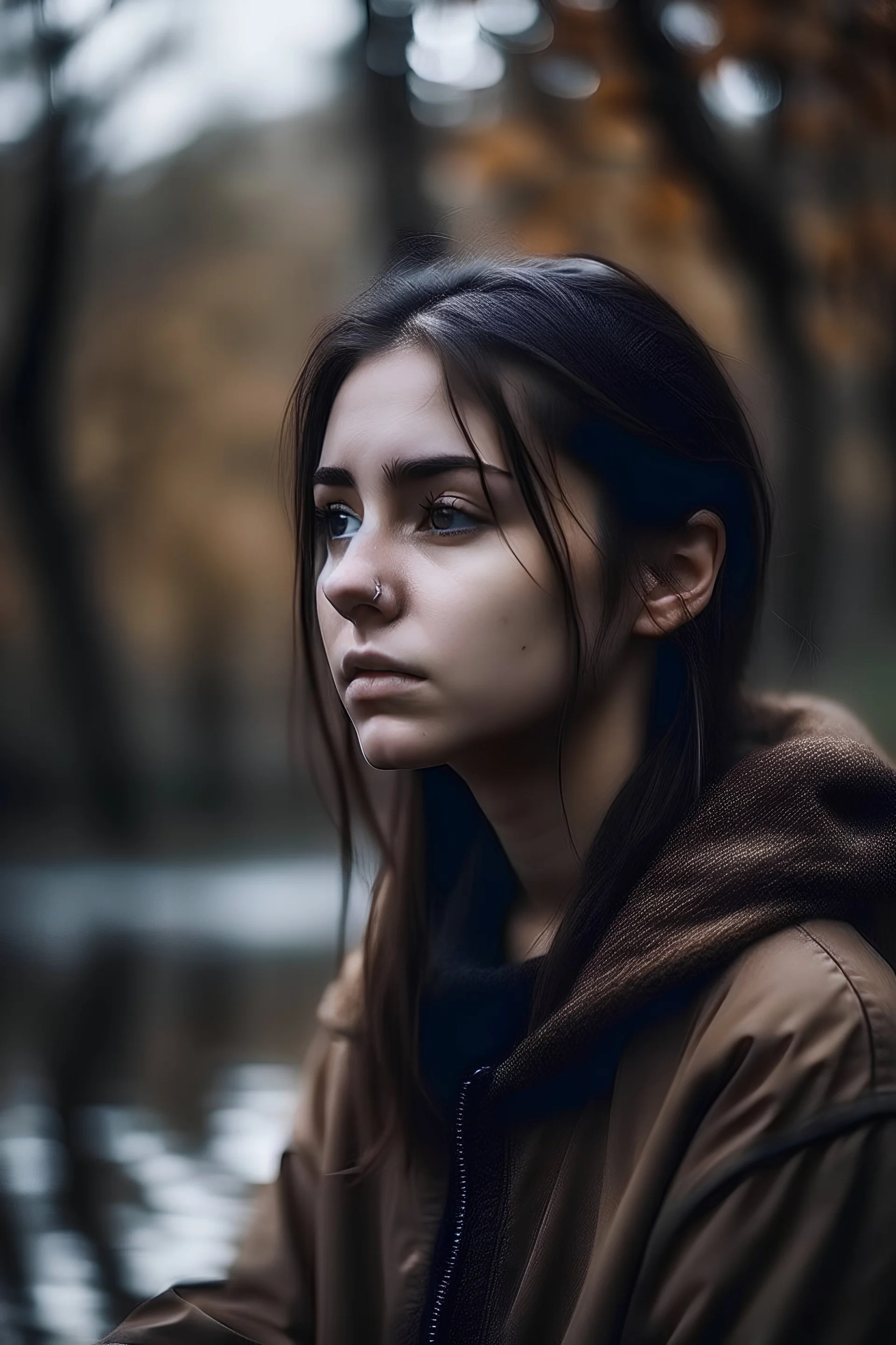 i waI want a psychologist who is locked in her own head because she is mourning the loss of a family member, however she is sitting in a sad environment thinking with a photo of that person who has already died remembering her, an environment of rain in autumn but in her face shows a neutral face pretending not to feel affected