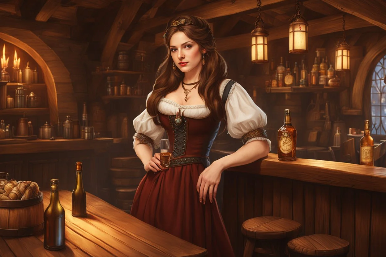 A young woman with pale skin and long brown hair in a fantasy tavern setting with intricate details. She is a tavern wench who is serving alcohol to a party of adventurers. High definition.