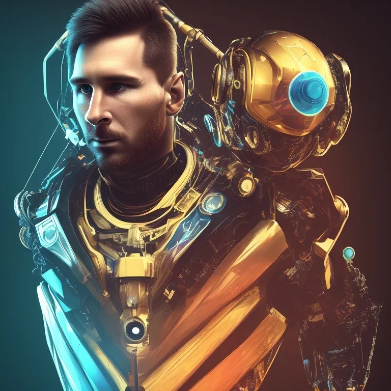 portrait face lionel messi, robot, golden, argentina flag intricate, sci-fi, cyberpunk, future,