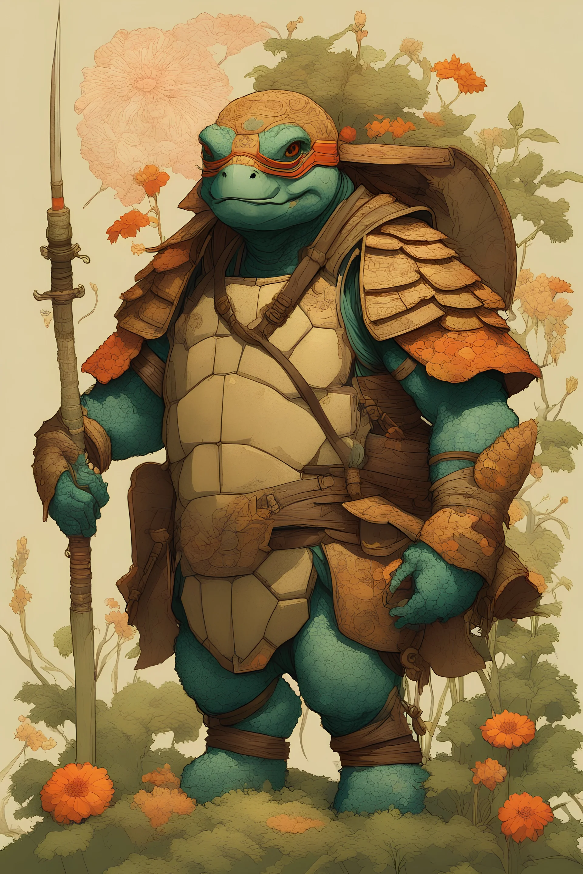 turtle samurai, intricate detail , plants, wildflower, by Pascal Blanche and Sachin Teng and Sam Yang and Greg Rutkowski, in style of colorful comic. symmetry, hyper detailed. octanev render.