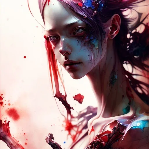  Bones, darkred tones, leaning pose, watercolor illustration by <agnes cecile> <Yoji Shinkawa>,