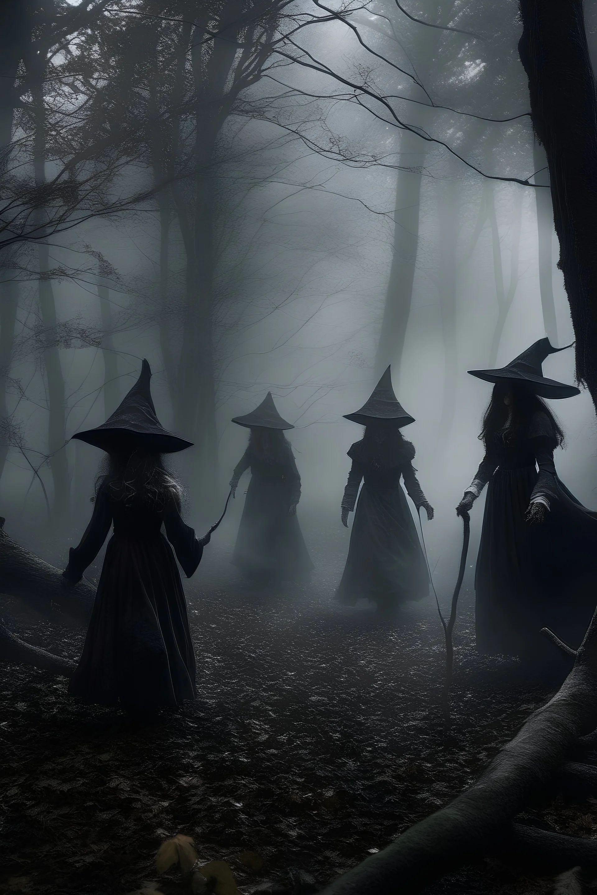 Spooky “misty spirits” in dark forest with witches.