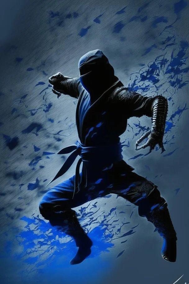 Background is dark blue, almost black. There is a head and torso silhouette looming in the picture, completely masked by a black kevlar suit. martial art pose, shurikens flying