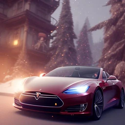 Santa driving his red Tesla convertible car, character design by cory loftis, fenghua zhong, ryohei hase, ismail inceoglu and ruan jia. unreal engine 5, artistic lighting, highly detailed, photorealistic, fantasy