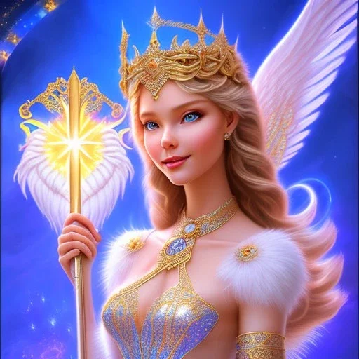 Flower angel, beautiful smiling furry young woman holding scepter, long hair amazing blue eyes, happy cosmic, bright colors, blue, pink, gold, jewels, realistic, photo real, clear godly background, highly detailed, high contrast, 8k high definition, unreal engine 5, extremely sharp detail, light effect, sunny light background