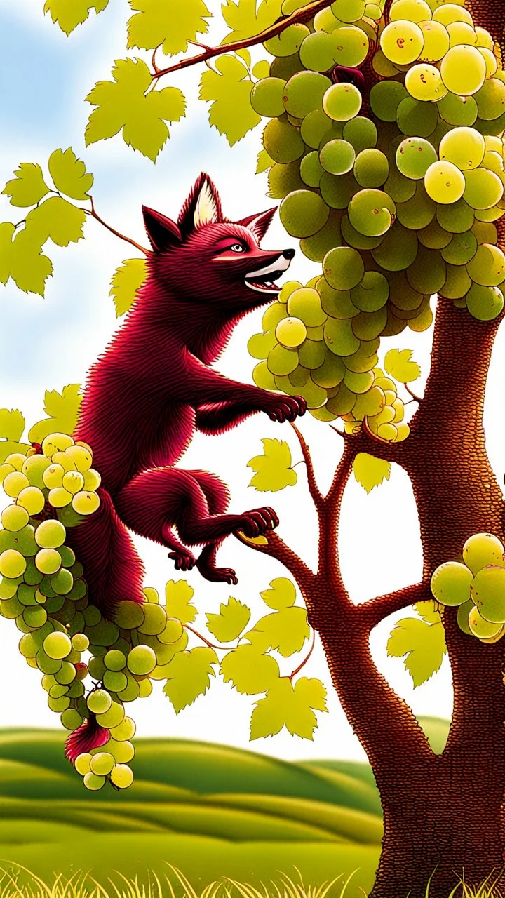 Grapes are too high on tree and on ground fox is jumping to reach the grapes