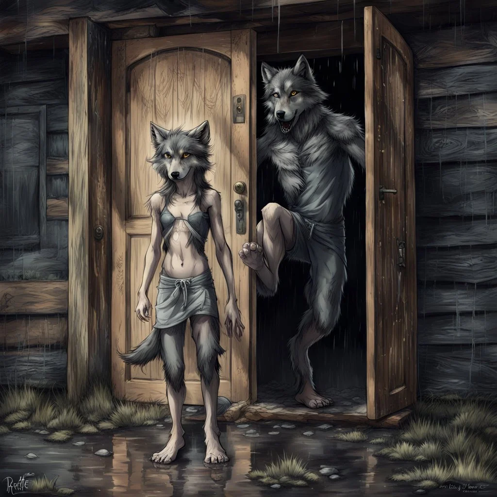 fantasy digital art of a sad face young anthro wolf in gray hairy wolf body gray paws, and wears just a short canvas rag around her waist , she falls to the ground in the rain kicked out of the house falls towards from the camera, behind her an tall angry anthro wolf man just in dark gray body hairy kicks she out the door with his foot, behind in rustic halb open door in an massive wooden house, rainy day, detailed, fantasy mood