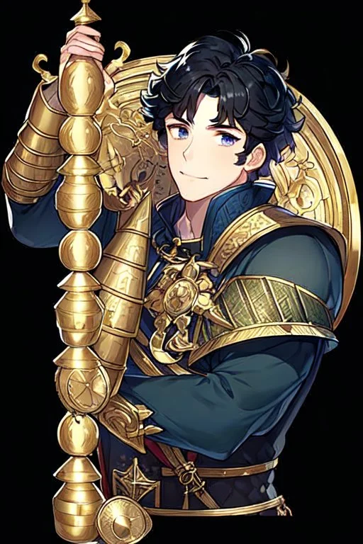 A handsome 30 year old male knight, black hair, dark blue eyes, wavy haircut, in black-and-gold plate armor, no beard, european, portrait