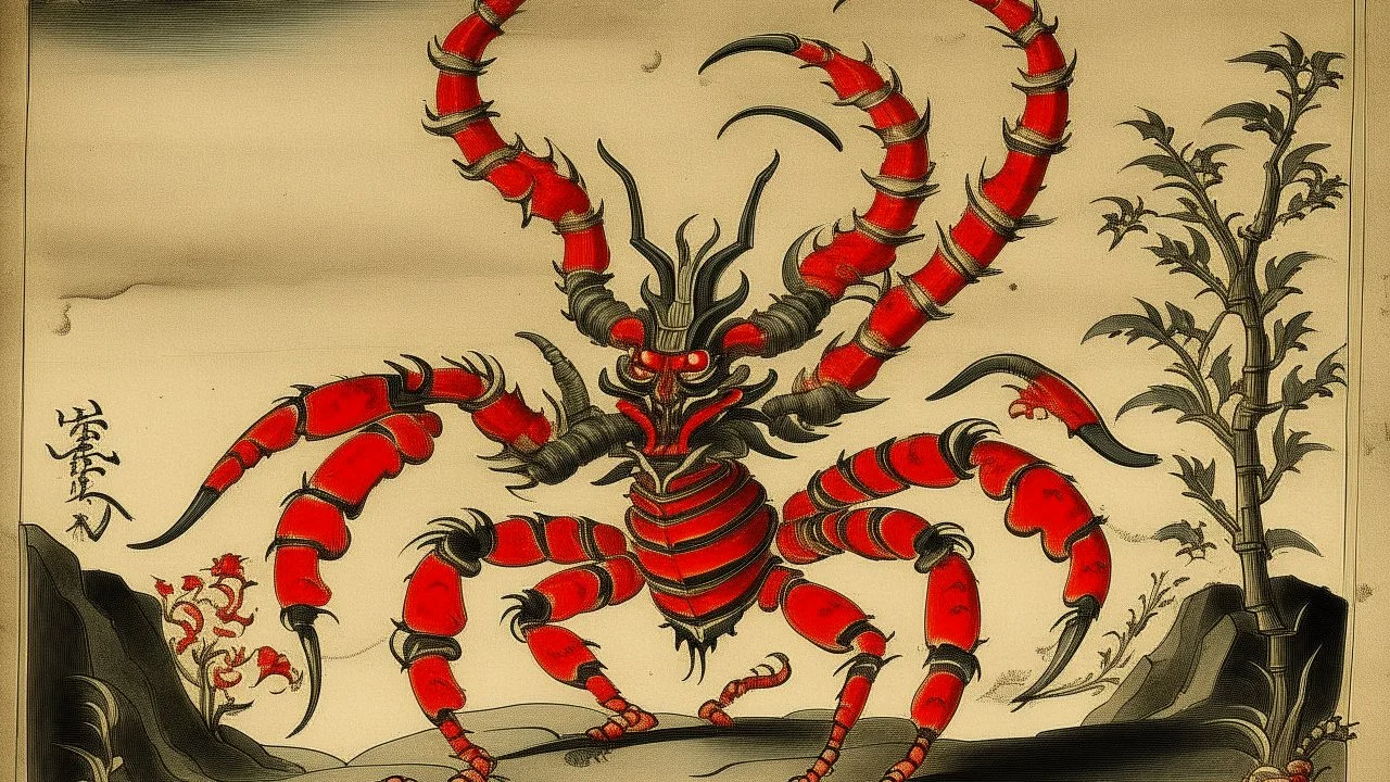 An orangish red fire elemental scorpion designed in Javanese shadow puppets painted by Utagawa Hiroshige