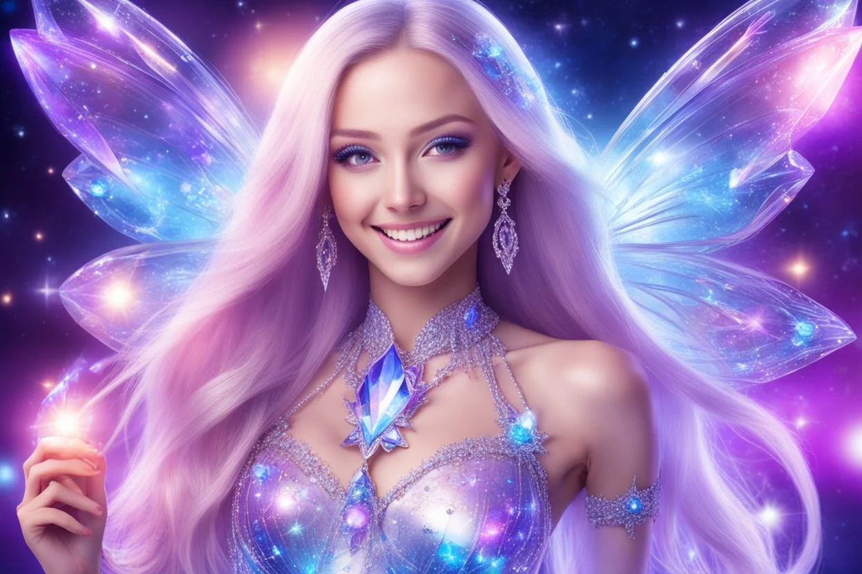 beautiful bright fairy cosmic women with cosmic long straight hair, crystal jewel and dressed with a magic crystal suit. she has light make up and a sweety smile