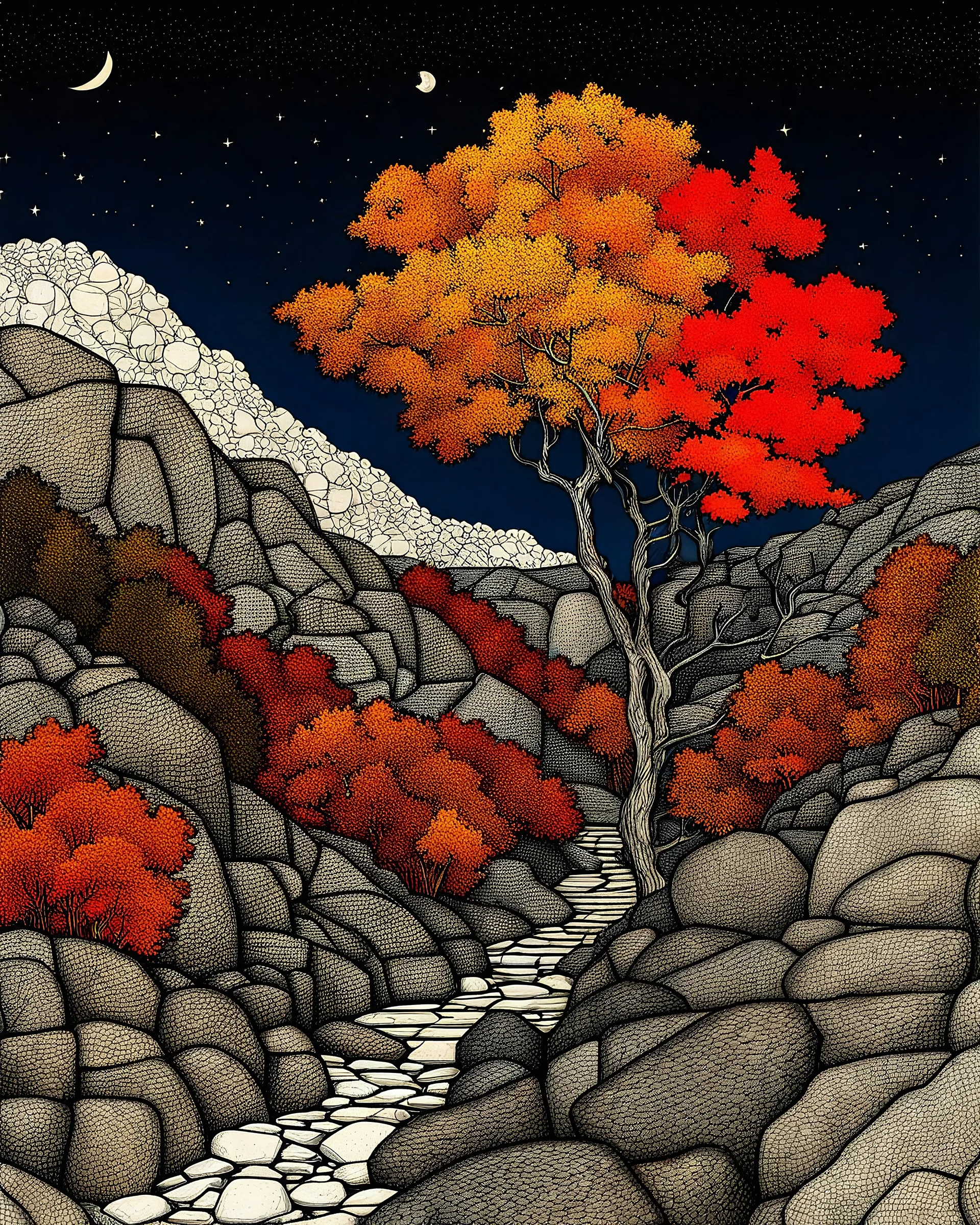 Autumn colors, peaceful, Egon Schiele, Max Ernst, night sky filled with galaxies and stars, rocks, trees, flowers, one-line drawing, sharp focus, 8k, deep 3d field, intricate, ornate, one million strokes