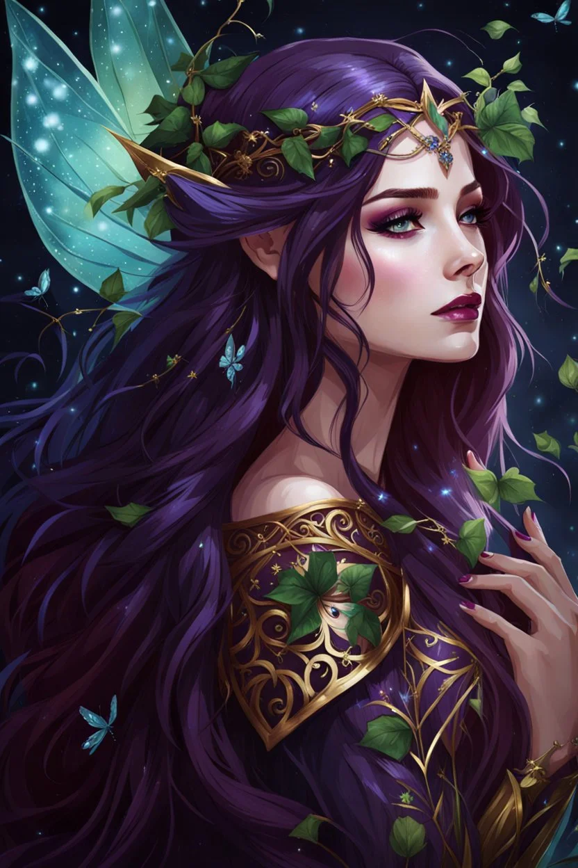 Burgundy hair, dark hair,purple, rapunzel hair,very long hair,dark fairy princess,elven crown,night,dragonflies,beautiful,ong ashes,golden armor ,sparkle,night blooming,ivy,dark green,lilly of valley,golden elven crown