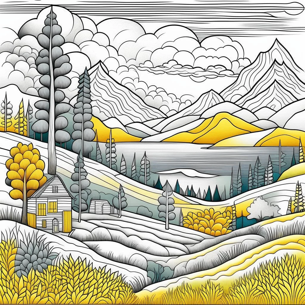 Outline art for coloring page with a cute mountain landscape white background, sketch style, only use outline, clean line art, white background, no shadows, clear outline reprezentand o imagine pe tema halucinatiilor provocate de droguri , cu culori primare tari, fantezie de înaltă definiție calitate clară, stiluri de Utagawa Hiroshige, Paul Klee Dee Nickerson și Tim Burton, acuarelă topită și contururi de cerneală neagră pe hârtie umedă, linii moi, umbrite