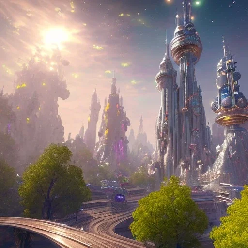 futuristic city with astroport and transparent bridges, galactic landsacape with multicolored crystals falling from the sky, full of details, smooth, bright sunshine，soft light atmosphere, light effect，vaporwave colorful, concept art, smooth, extremely sharp detail, finely tuned detail, ultra high definition, 8 k, unreal engine 5, ultra sharp focus