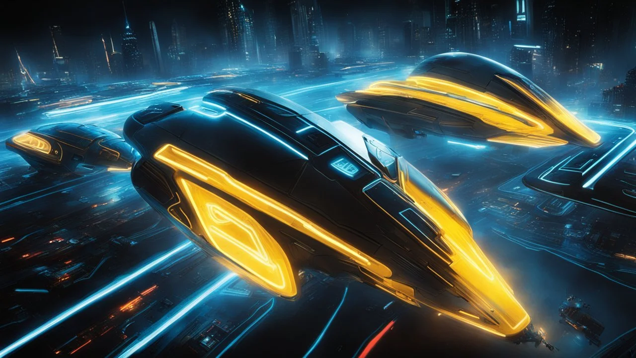 tron legacy movie, creatures,, space ships, city of the future, yellow, blue, red