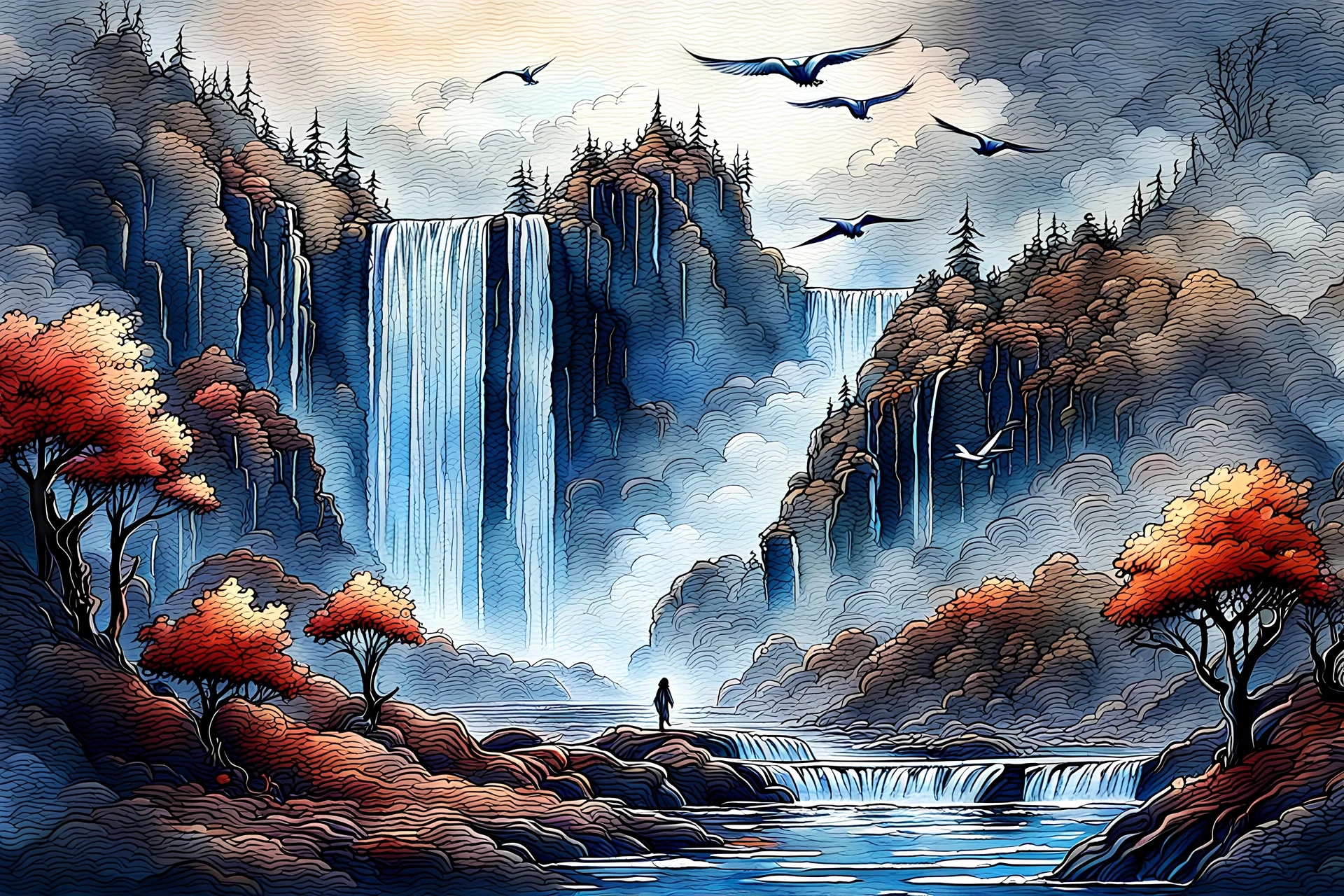 Painted freehand landscape painting, wet watercolor, majestic, waterfalls, flying birds, clouds and mist Modifiers: Cinematic Lighting HD Ink Painting Layering Jean-Baptiste. Monge quality is crisp Modifiers: 8K Very Detailed, Fantasy, Cinematic Lighting, Intricate, Surreal, Cubism, Fantasy City Style, Science Fiction, Sectionecek. Yeka