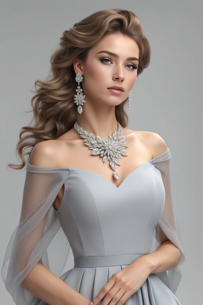 full body woman, from Russian Federation , elegant dress, elegant curled hair , 19 years old ,earring, no make up,8k, Candid avant garde portrait, charming woman, wearing Lovely Flower Diamond Pendant, octane render 3d, plastic material