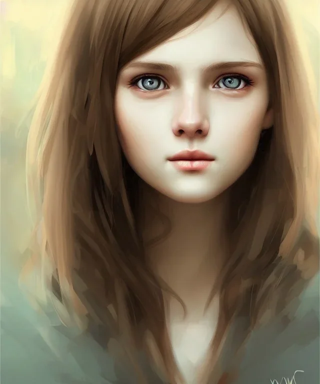 intricate, elegant, sharp focus, illustration, detailed eyes, digital painting, concept art, matte, masterpiece, face portrait of a young and cute ukrainian girl, au naturel, adorable, round face, slightly smiling, art by wlop