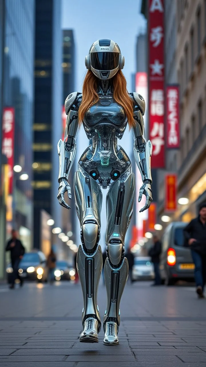 a photoshoot view fullbody all to feet beautifull Russian Supermodel long hair having humanoid body robot transparent visible glass shiny explore inside details machines mechanical parts,walking city street