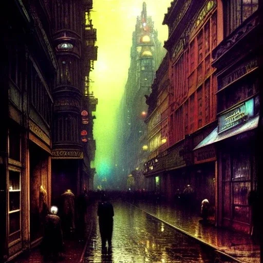 Corner building Metropolis ,dark colours, watercolor, volumetric, macro photograph , by john atkinson Grimshaw, detailed painting,matte painting, alphonse mucha, greg rutkowski,