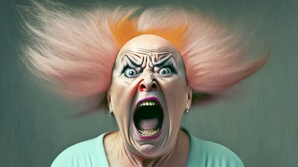 bald lady screaming while holding shoddy wig in her hands in front of her